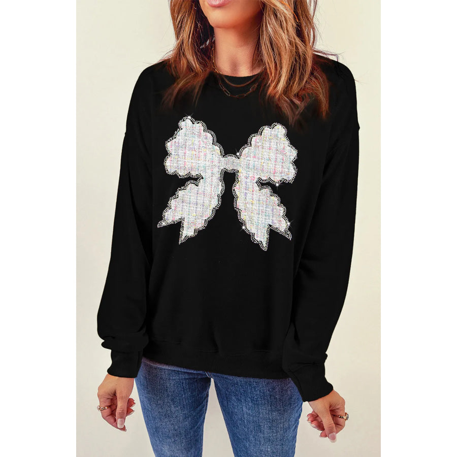 Contrast Bow Round Neck Long Sleeve Sweatshirt Apparel and Accessories