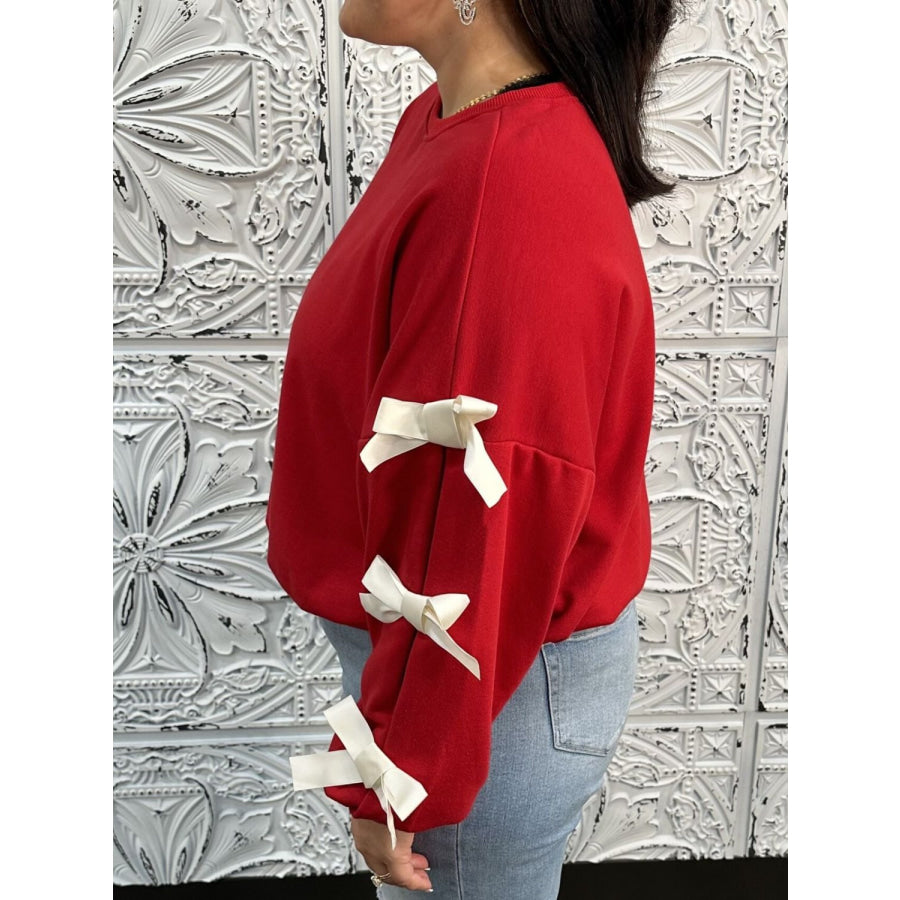 Contrast Bow Round Neck Long Sleeve Sweatshirt Apparel and Accessories