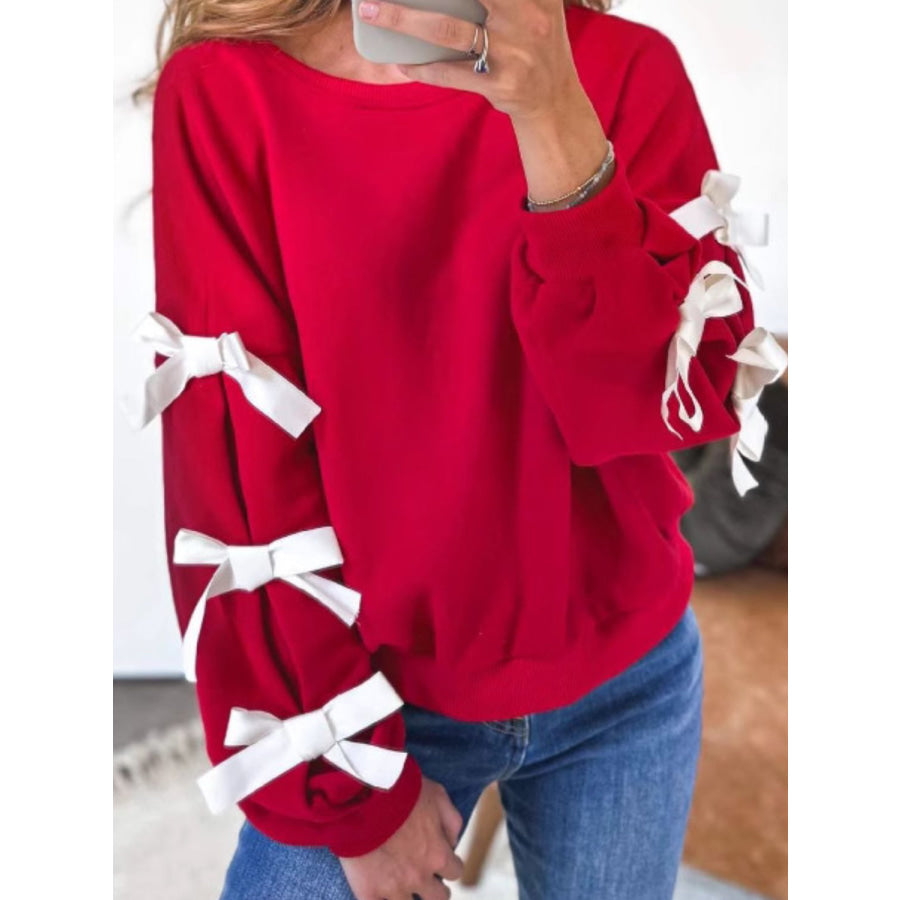 Contrast Bow Round Neck Long Sleeve Sweatshirt Apparel and Accessories