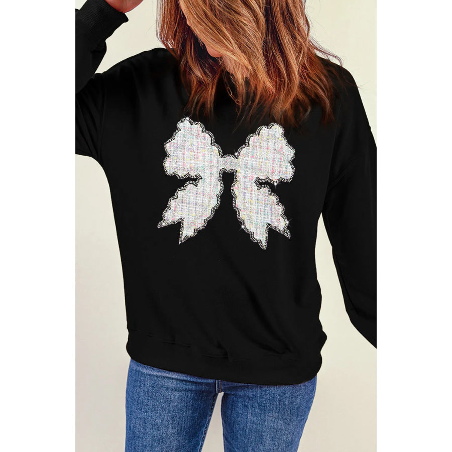 Contrast Bow Round Neck Long Sleeve Sweatshirt Apparel and Accessories