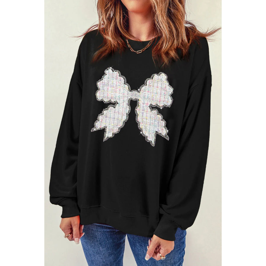 Contrast Bow Round Neck Long Sleeve Sweatshirt Black / S Apparel and Accessories