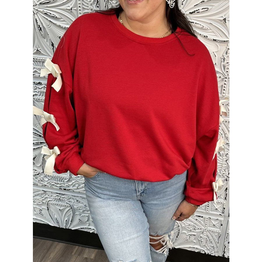 Contrast Bow Round Neck Long Sleeve Sweatshirt Deep Red / S Apparel and Accessories