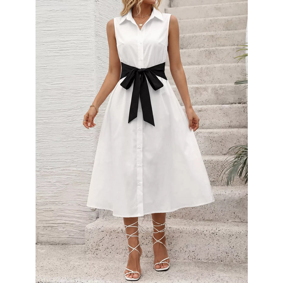 Contrast Bow Sleeveless Shirt Dress Apparel and Accessories