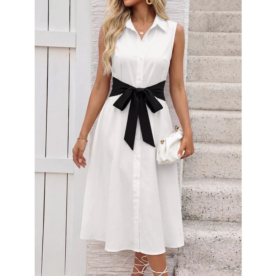 Contrast Bow Sleeveless Shirt Dress White / S Apparel and Accessories
