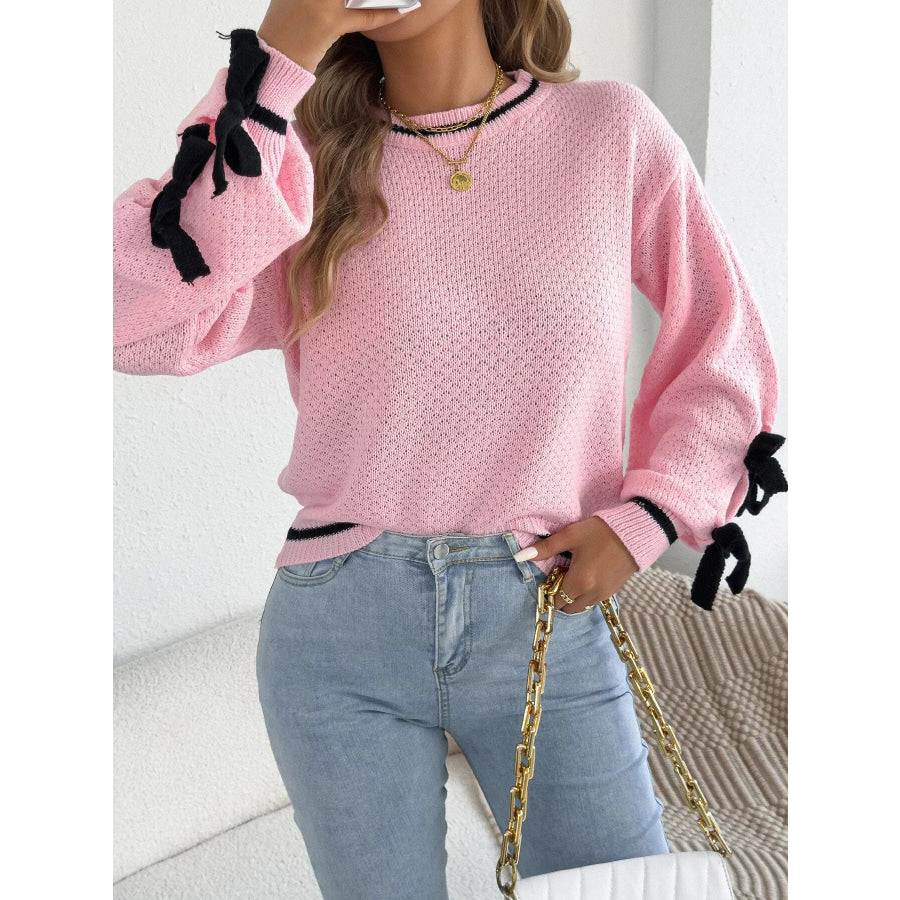 Contrast Bow-Tie Sleeve Crew Neck Sweater Apparel and Accessories