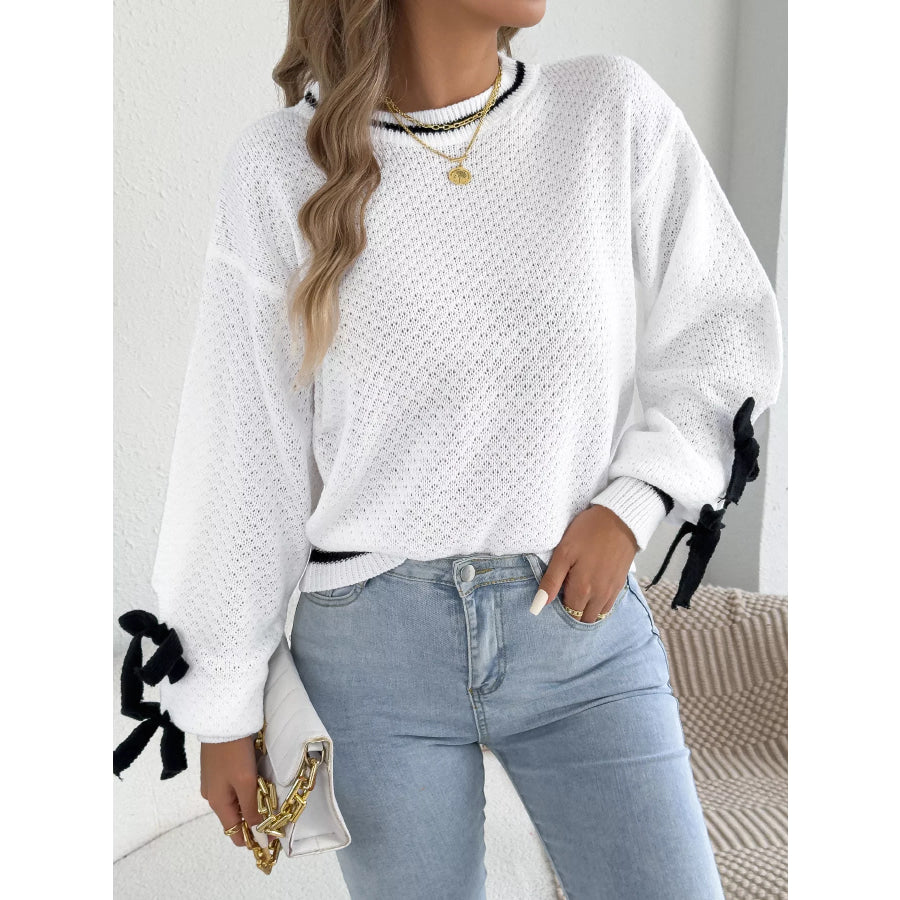 Contrast Bow-Tie Sleeve Crew Neck Sweater Apparel and Accessories
