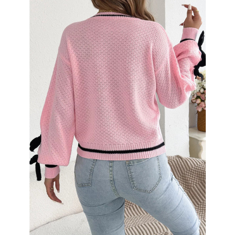 Contrast Bow-Tie Sleeve Crew Neck Sweater Apparel and Accessories