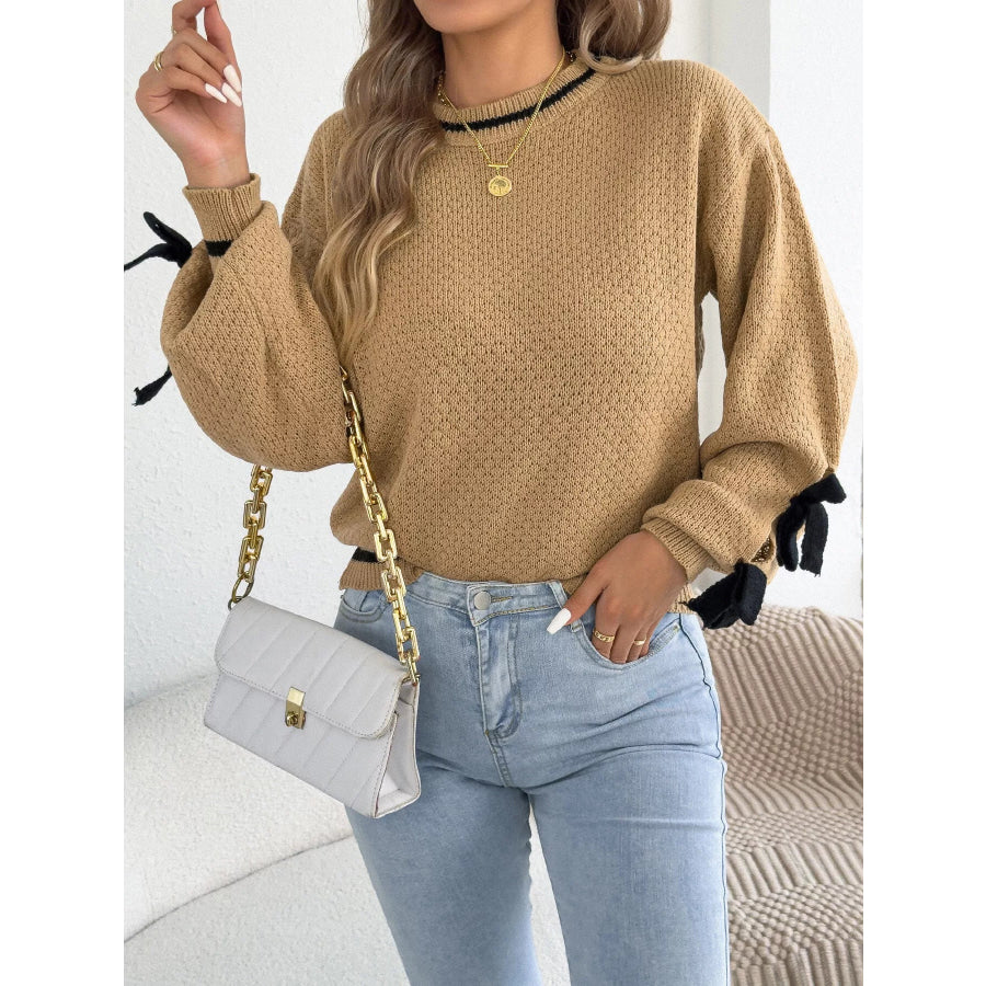 Contrast Bow-Tie Sleeve Crew Neck Sweater Apparel and Accessories