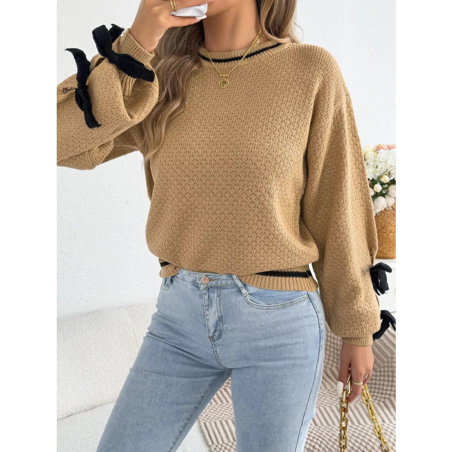 Contrast Bow-Tie Sleeve Crew Neck Sweater Apparel and Accessories