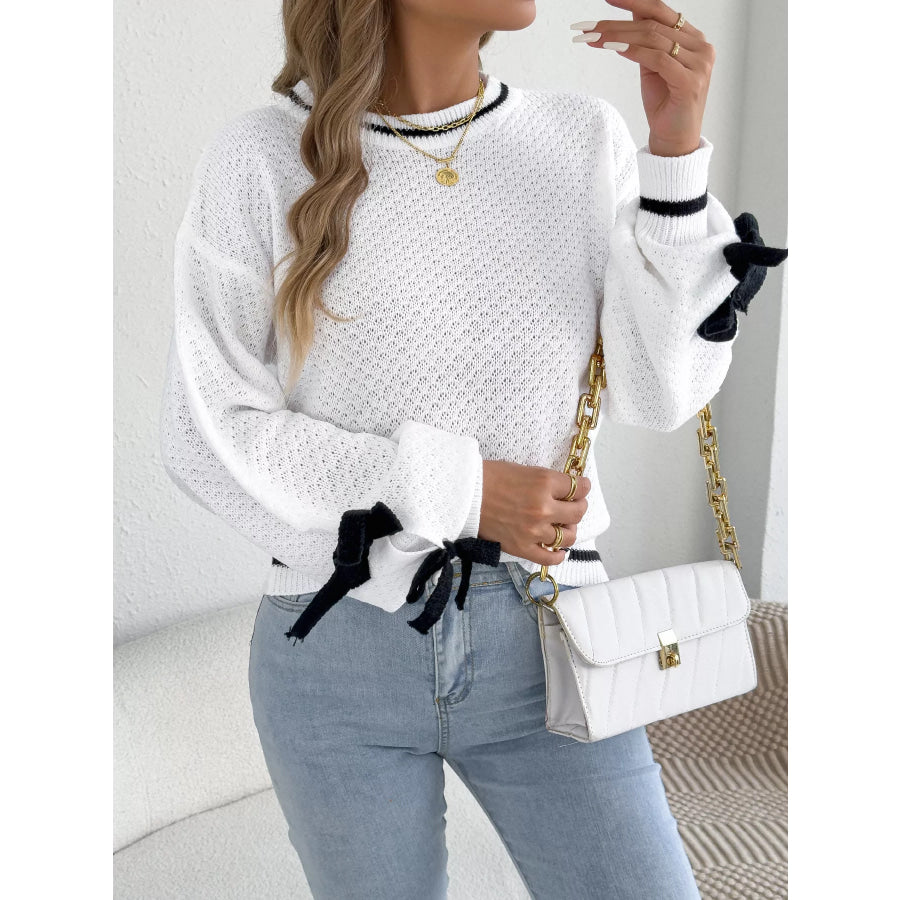 Contrast Bow-Tie Sleeve Crew Neck Sweater Apparel and Accessories
