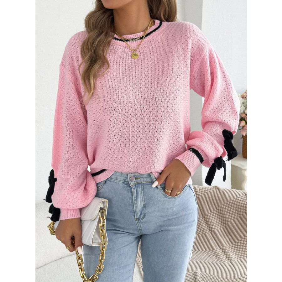 Contrast Bow-Tie Sleeve Crew Neck Sweater Apparel and Accessories