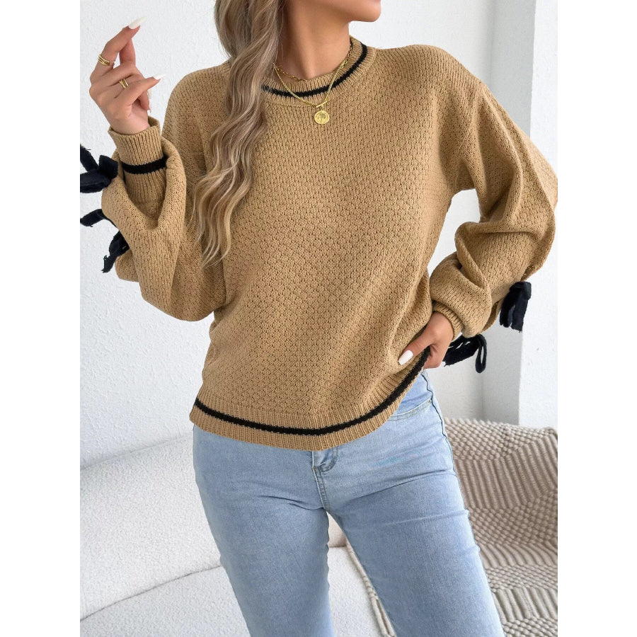 Contrast Bow-Tie Sleeve Crew Neck Sweater Apparel and Accessories