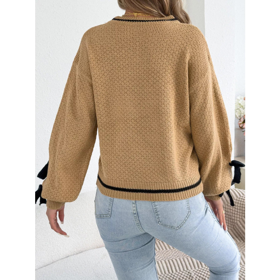 Contrast Bow-Tie Sleeve Crew Neck Sweater Apparel and Accessories