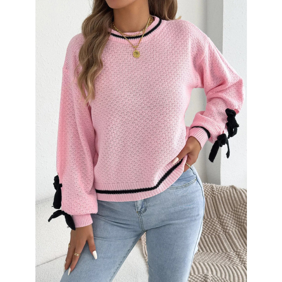Contrast Bow-Tie Sleeve Crew Neck Sweater Apparel and Accessories