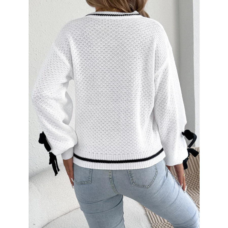 Contrast Bow-Tie Sleeve Crew Neck Sweater Apparel and Accessories
