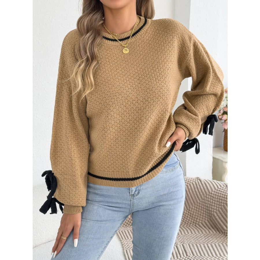 Contrast Bow-Tie Sleeve Crew Neck Sweater Apparel and Accessories