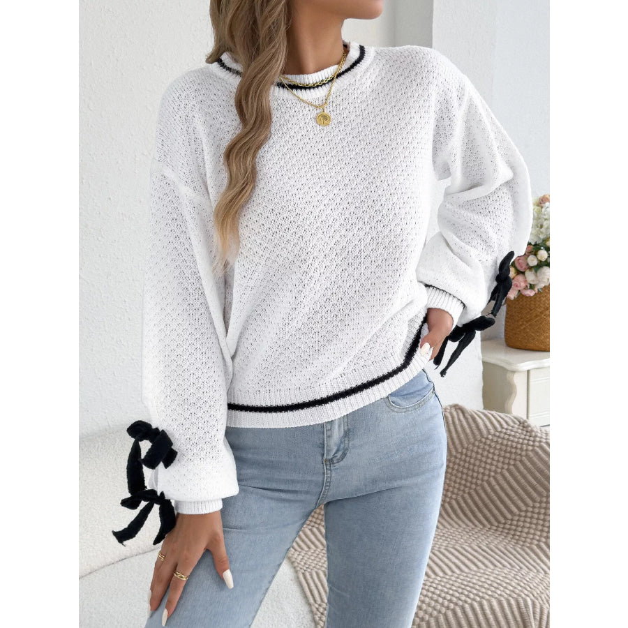 Contrast Bow-Tie Sleeve Crew Neck Sweater Apparel and Accessories
