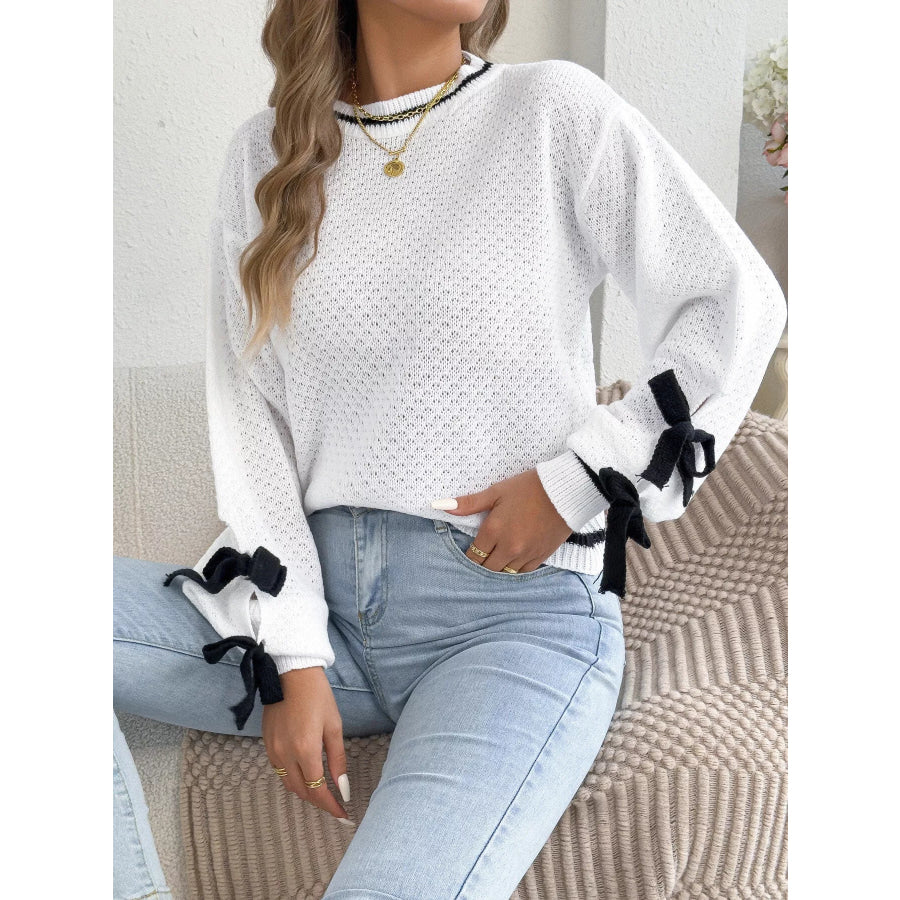 Contrast Bow-Tie Sleeve Crew Neck Sweater Apparel and Accessories