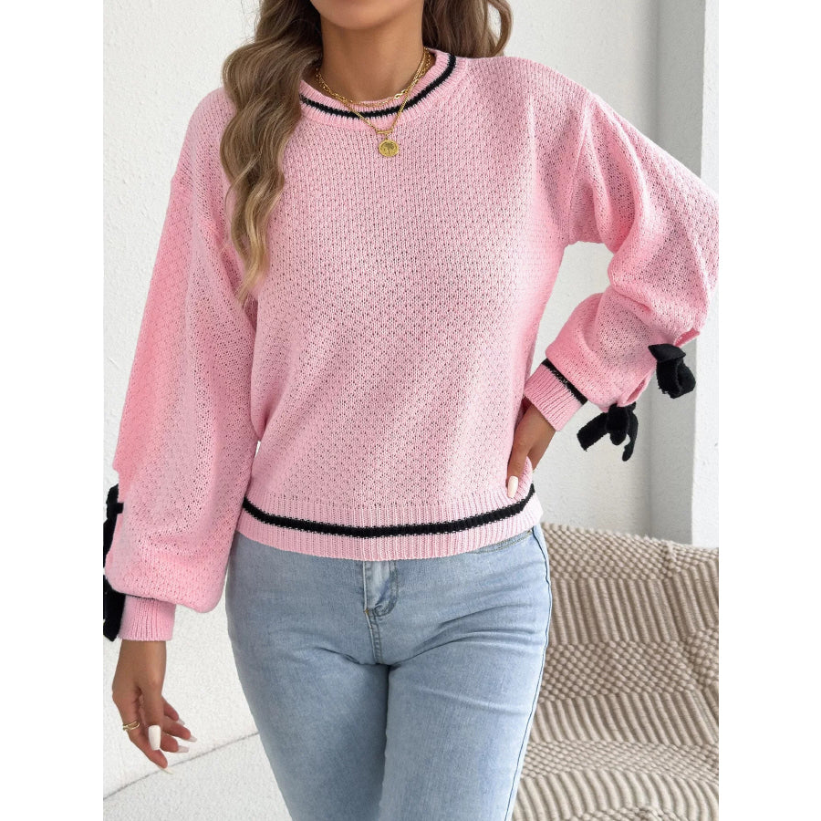 Contrast Bow-Tie Sleeve Crew Neck Sweater Pink / S Apparel and Accessories