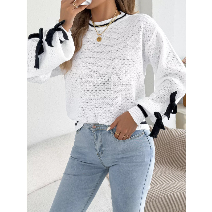 Contrast Bow-Tie Sleeve Crew Neck Sweater White / S Apparel and Accessories