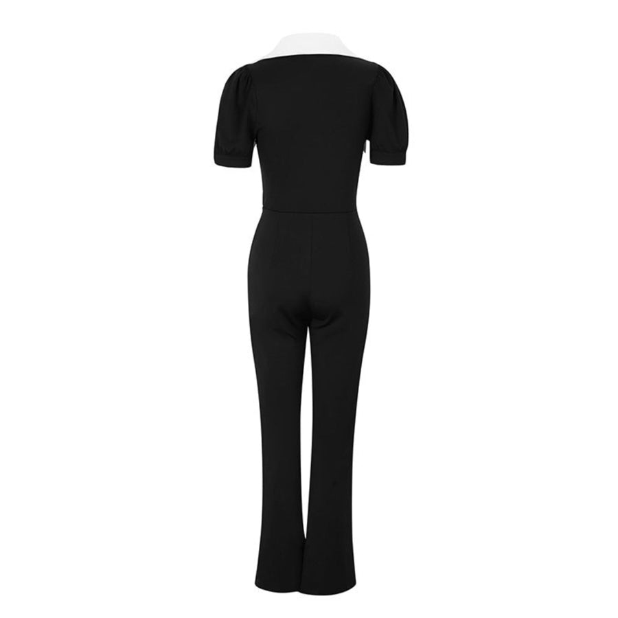Contrast Button-Down Wide Leg Jumpsuit Apparel and Accessories