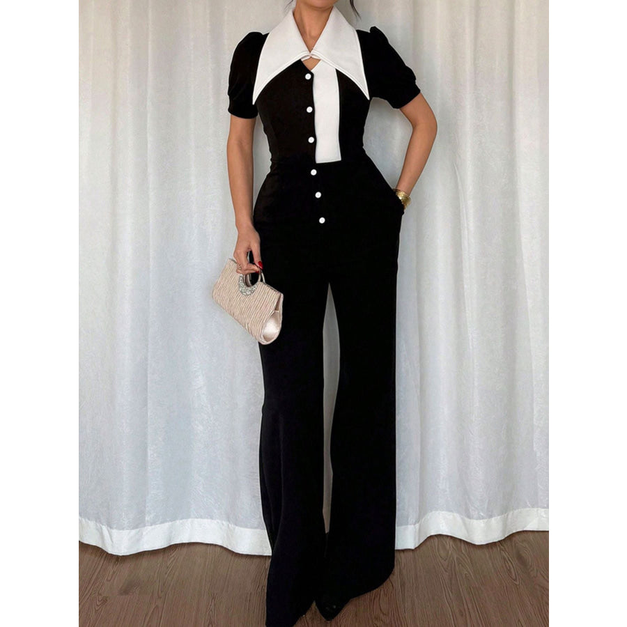 Contrast Button-Down Wide Leg Jumpsuit Apparel and Accessories