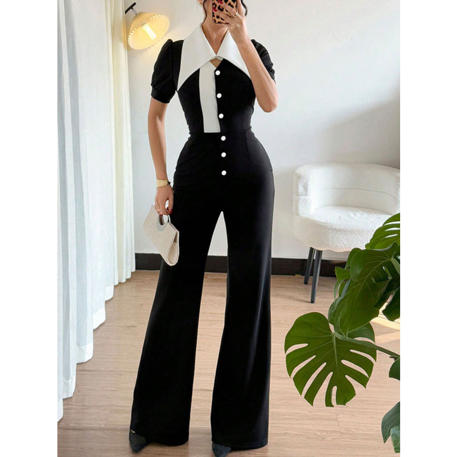 Contrast Button-Down Wide Leg Jumpsuit Apparel and Accessories