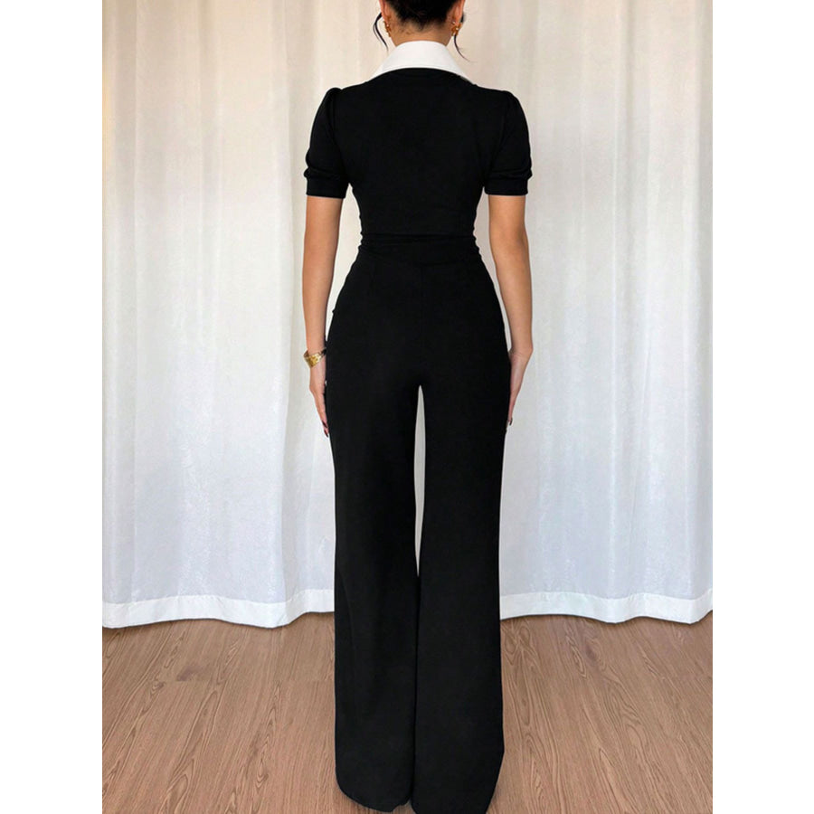Contrast Button-Down Wide Leg Jumpsuit Apparel and Accessories