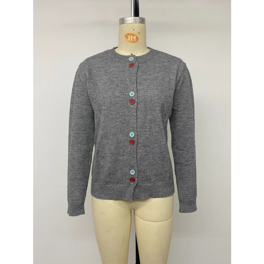 Contrast Button Long Sleeve Cardigan Apparel and Accessories