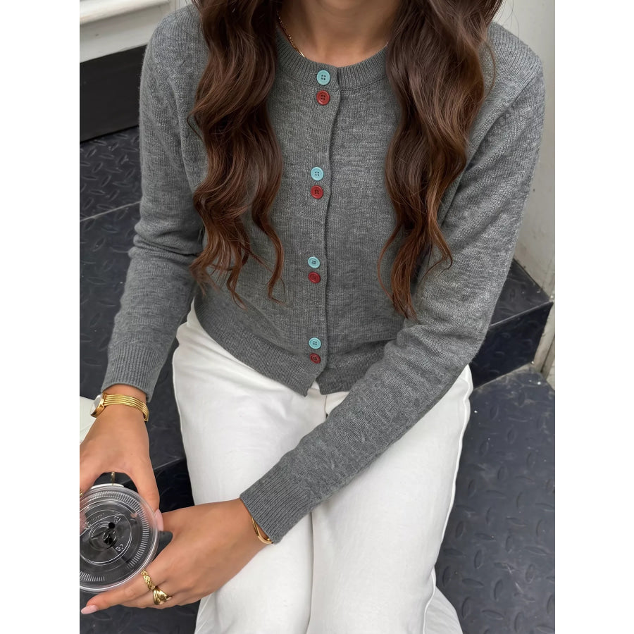Contrast Button Long Sleeve Cardigan Apparel and Accessories