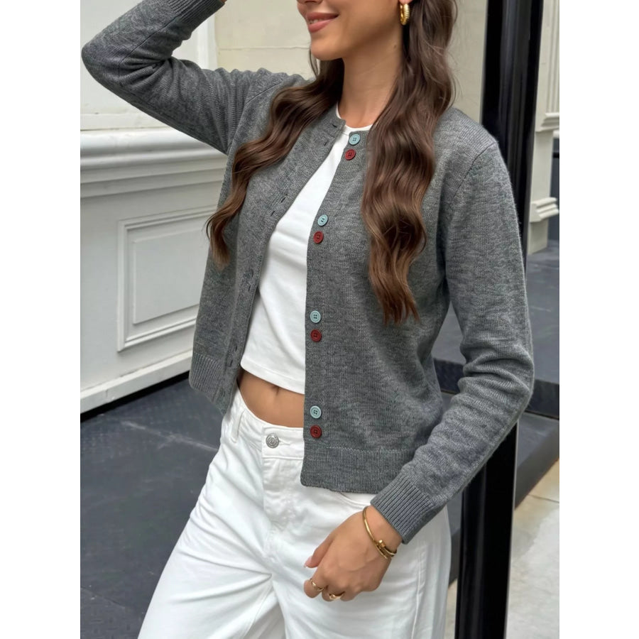 Contrast Button Long Sleeve Cardigan Apparel and Accessories
