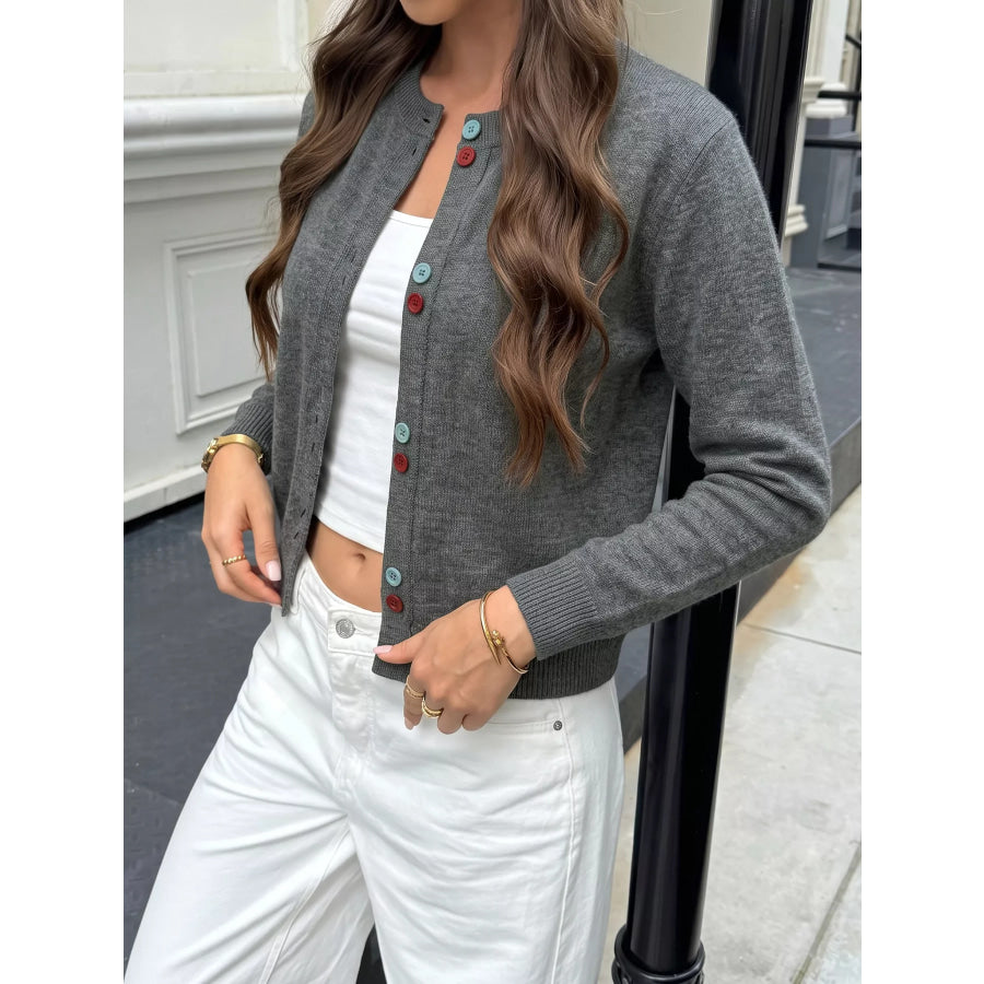 Contrast Button Long Sleeve Cardigan Apparel and Accessories