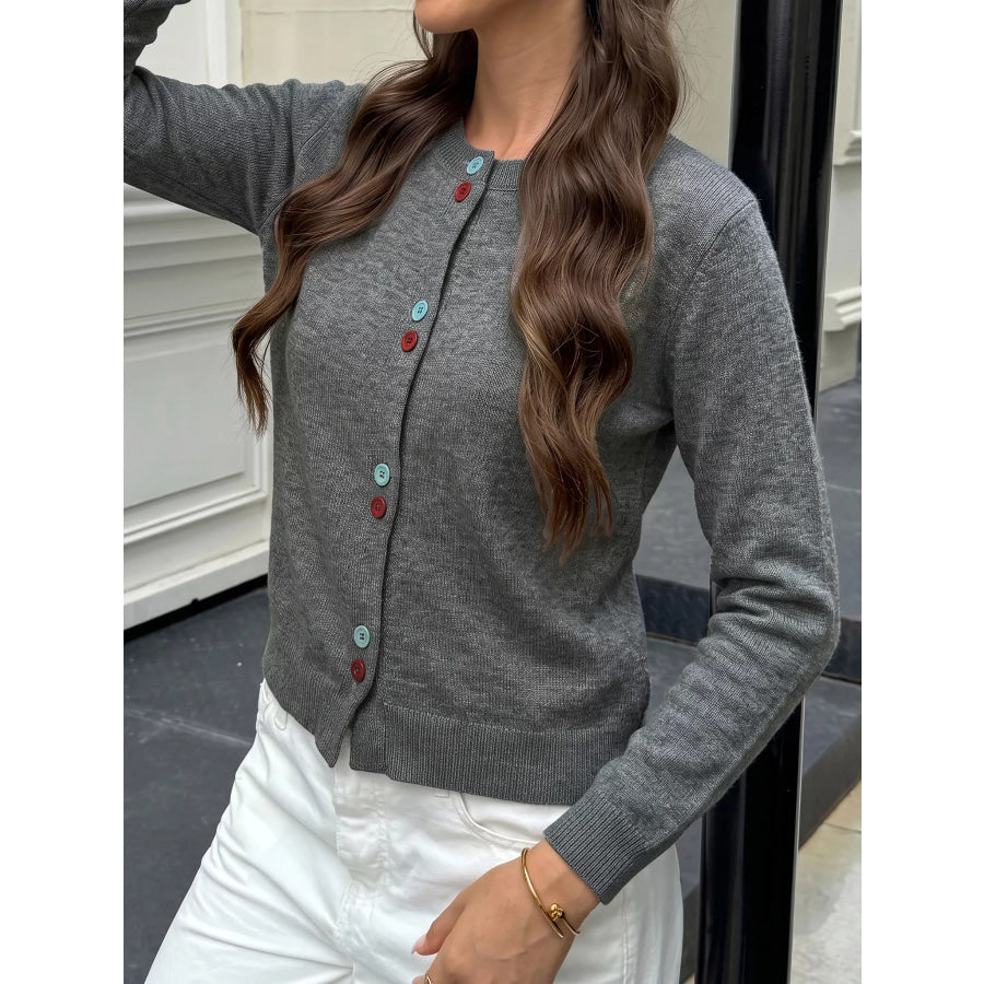 Contrast Button Long Sleeve Cardigan Apparel and Accessories