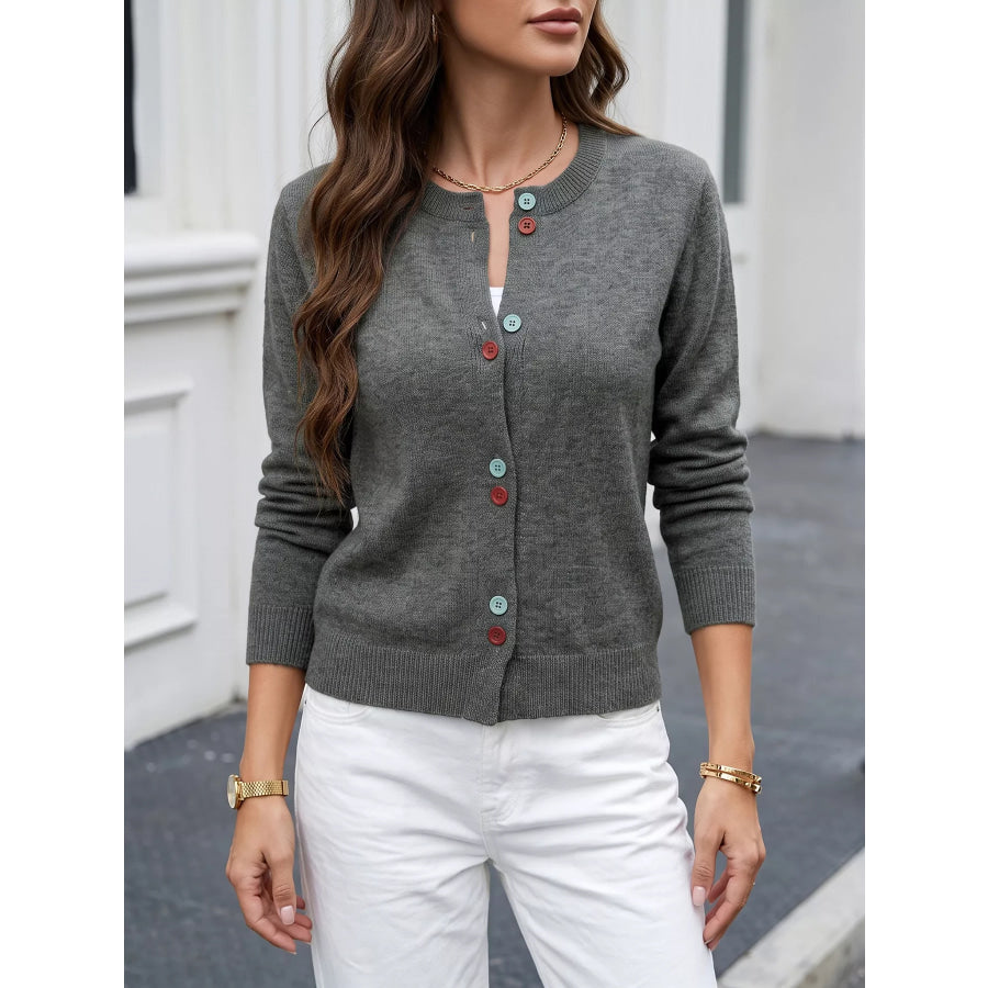 Contrast Button Long Sleeve Cardigan Apparel and Accessories