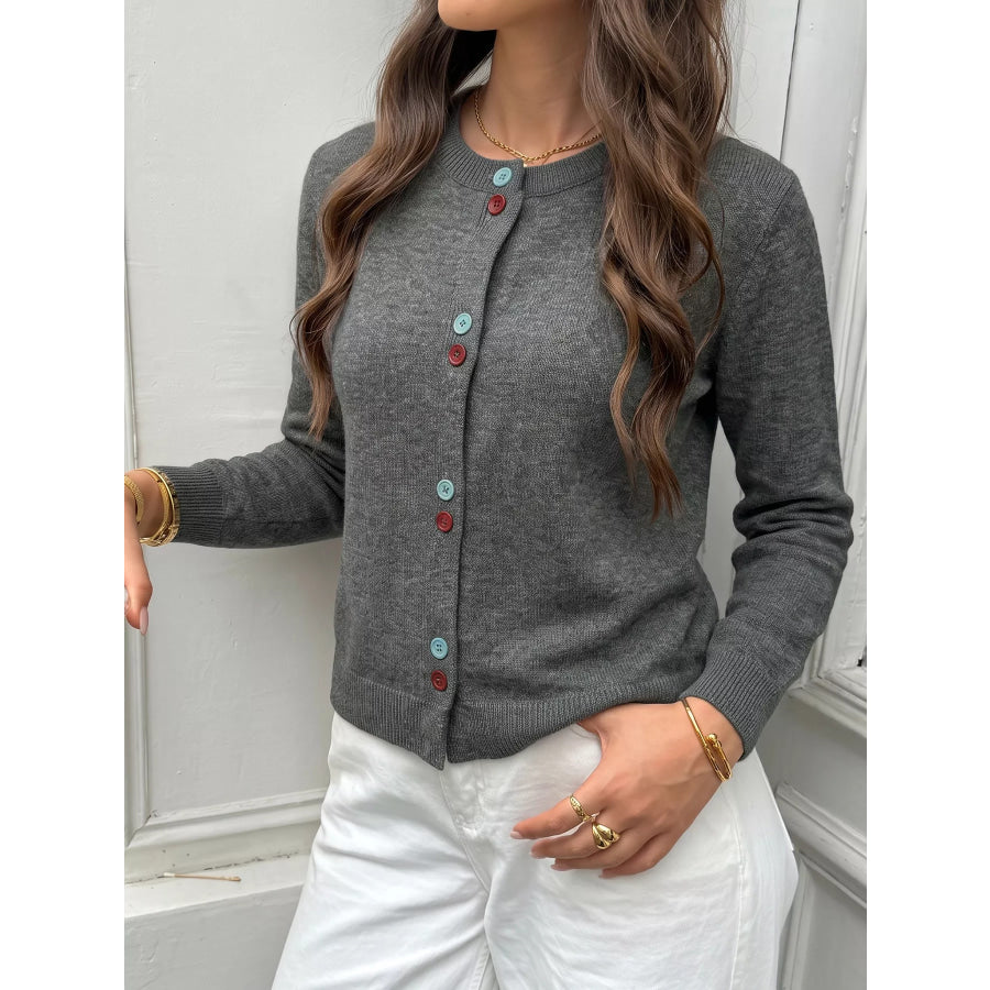 Contrast Button Long Sleeve Cardigan Dark Gray / S Apparel and Accessories