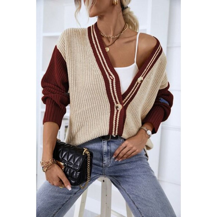 Contrast Button Up Dropped Shoulder Cardigan Apparel and Accessories