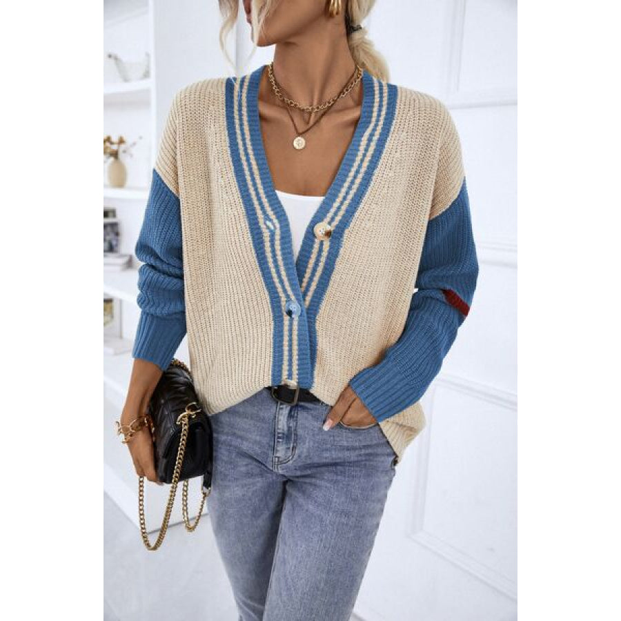 Contrast Button Up Dropped Shoulder Cardigan Apparel and Accessories