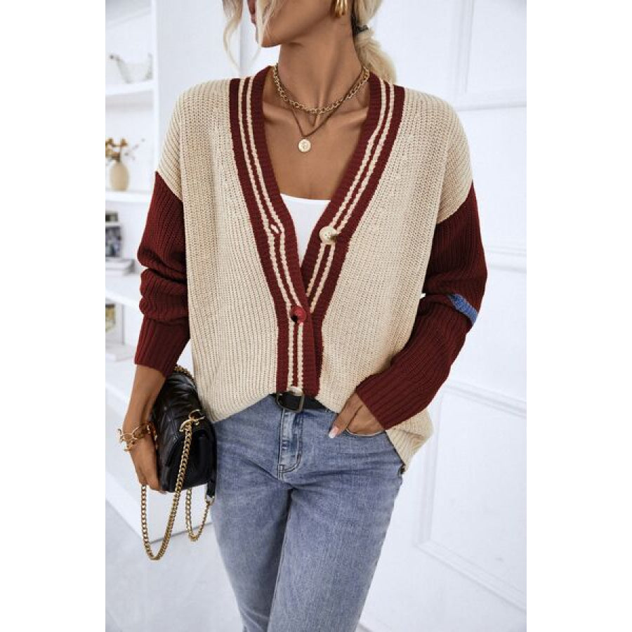 Contrast Button Up Dropped Shoulder Cardigan Apparel and Accessories