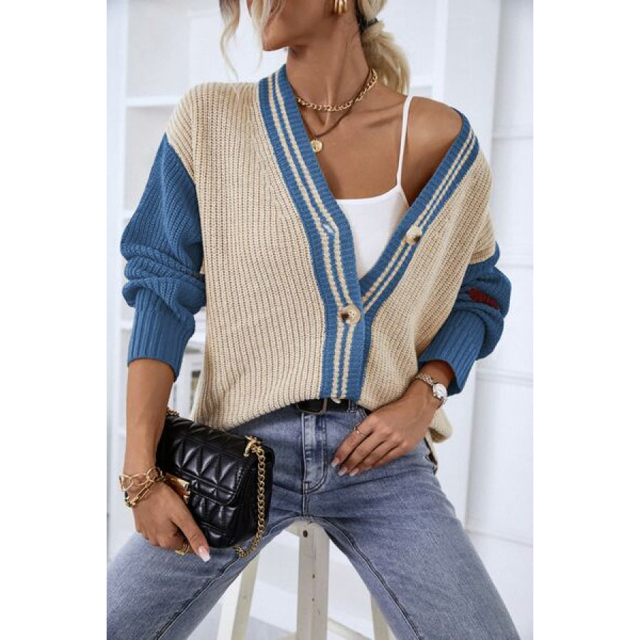 Contrast Button Up Dropped Shoulder Cardigan Apparel and Accessories