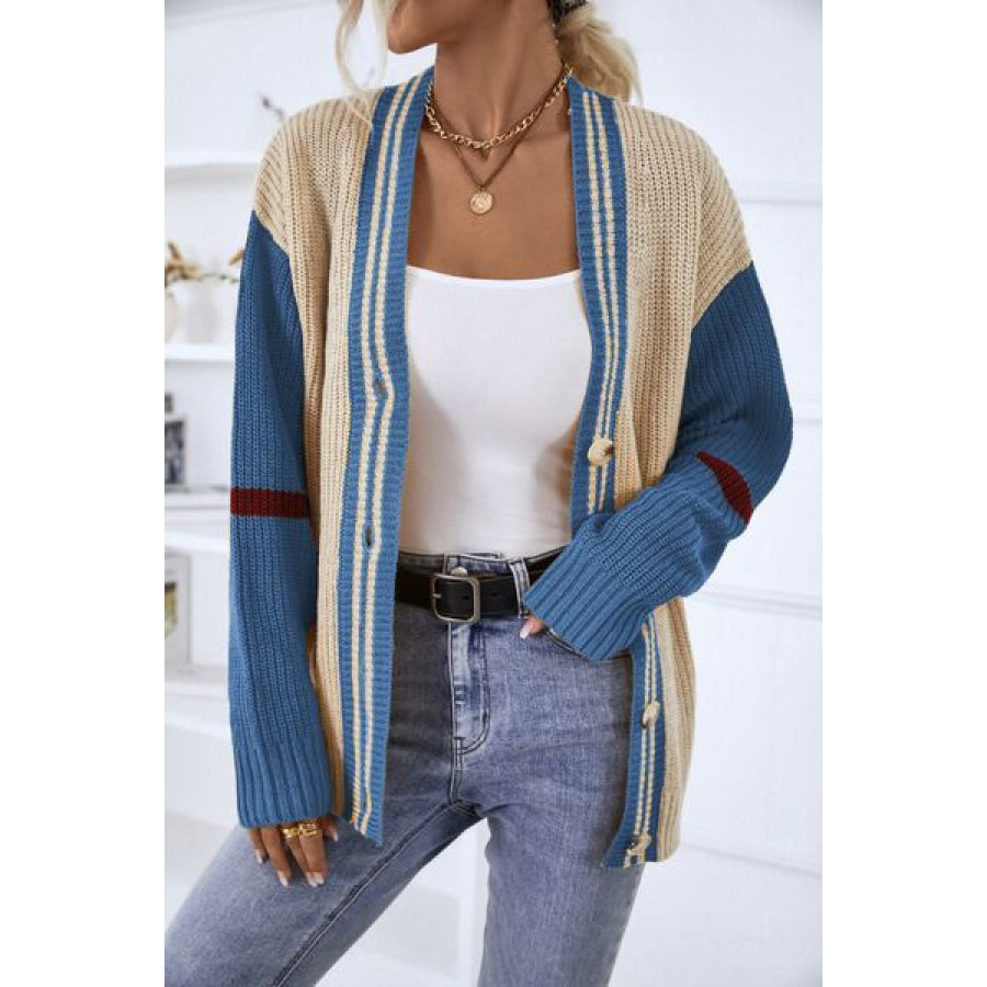 Contrast Button Up Dropped Shoulder Cardigan Peacock Blue / S Apparel and Accessories