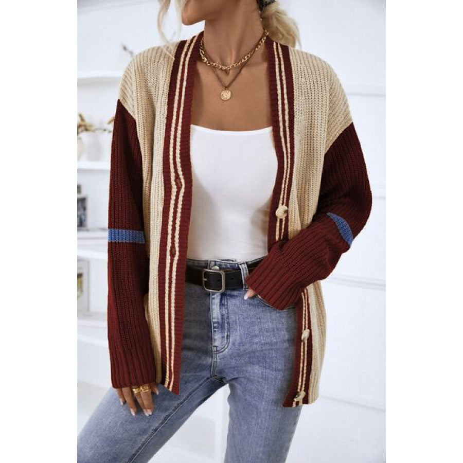 Contrast Button Up Dropped Shoulder Cardigan Wine / S Apparel and Accessories