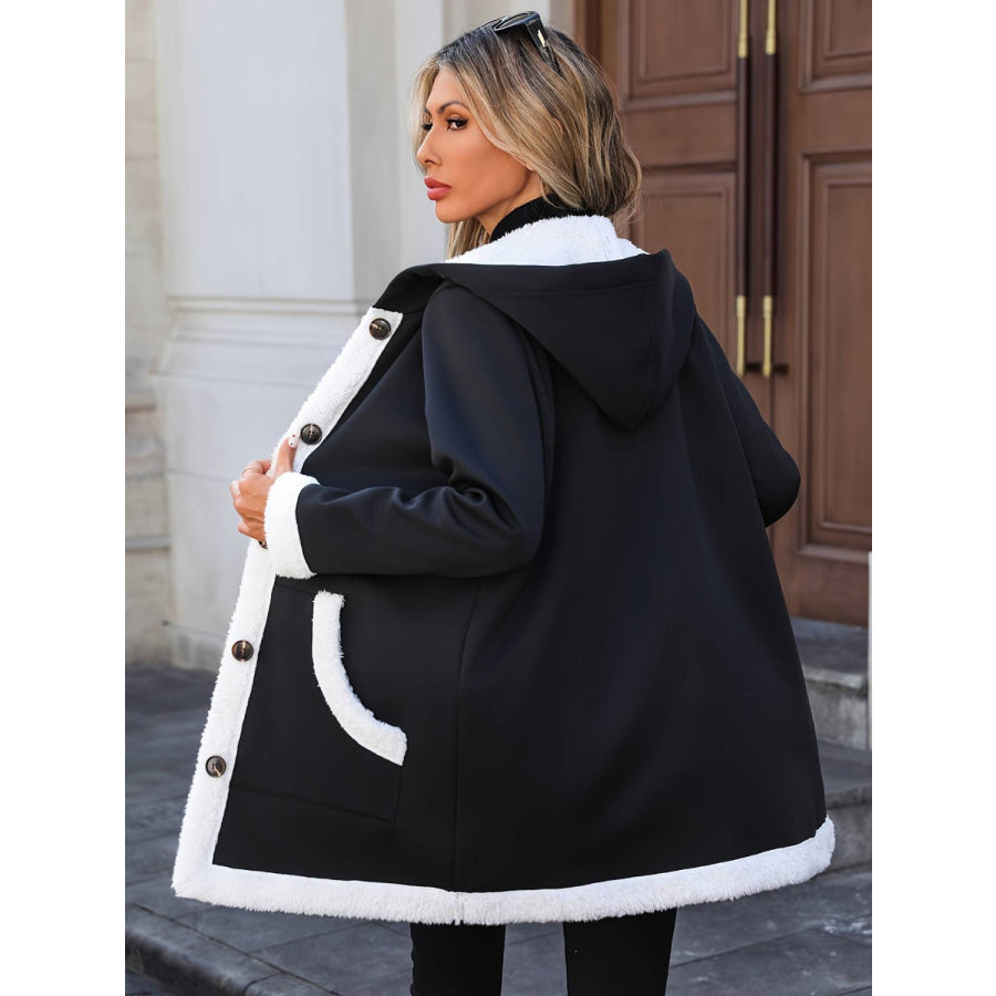 Contrast Button Up Hooded Coat Apparel and Accessories