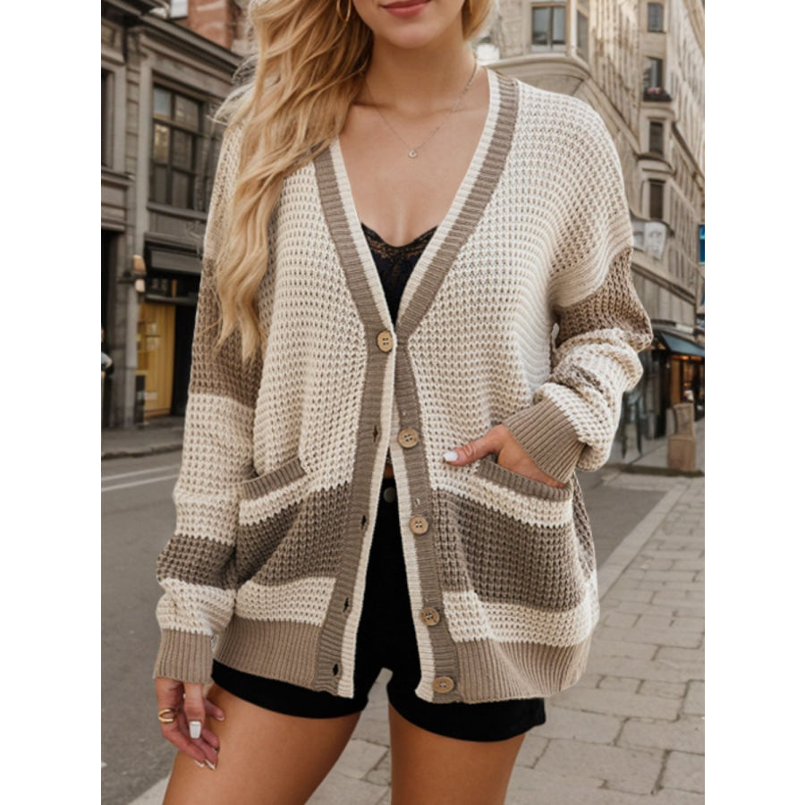 Contrast Button Up Long Sleeve Cardigan Apparel and Accessories