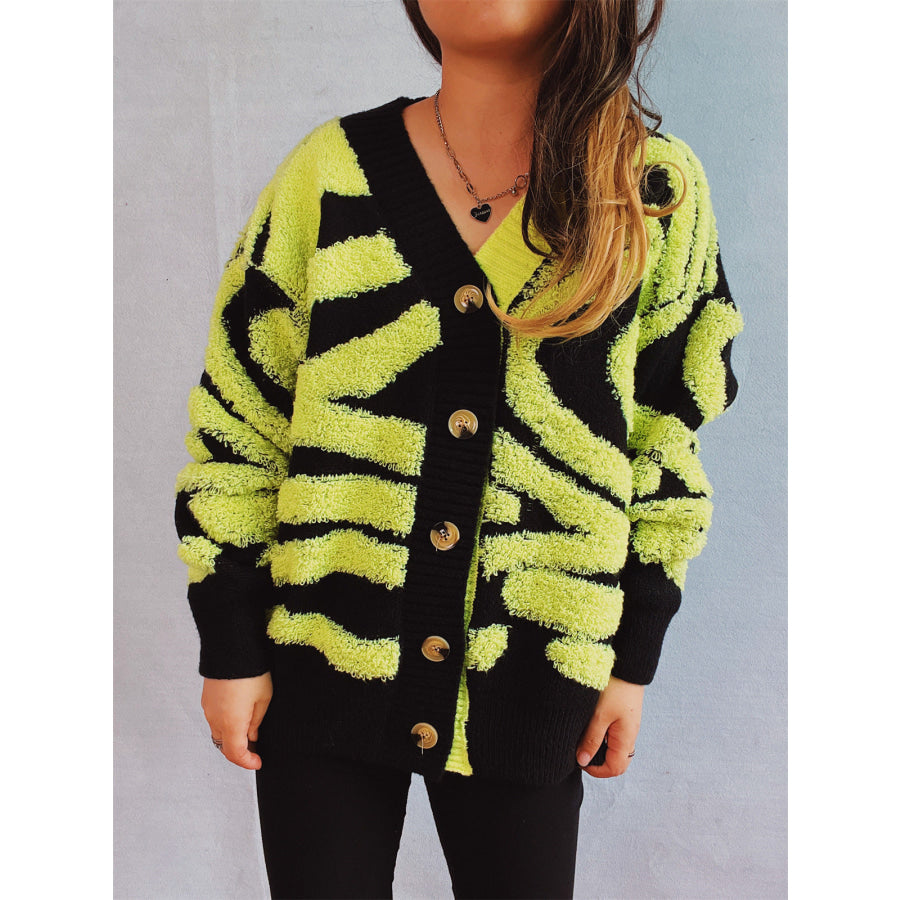 Contrast Button Up Long Sleeve Cardigan Chartreuse / One Size Apparel and Accessories