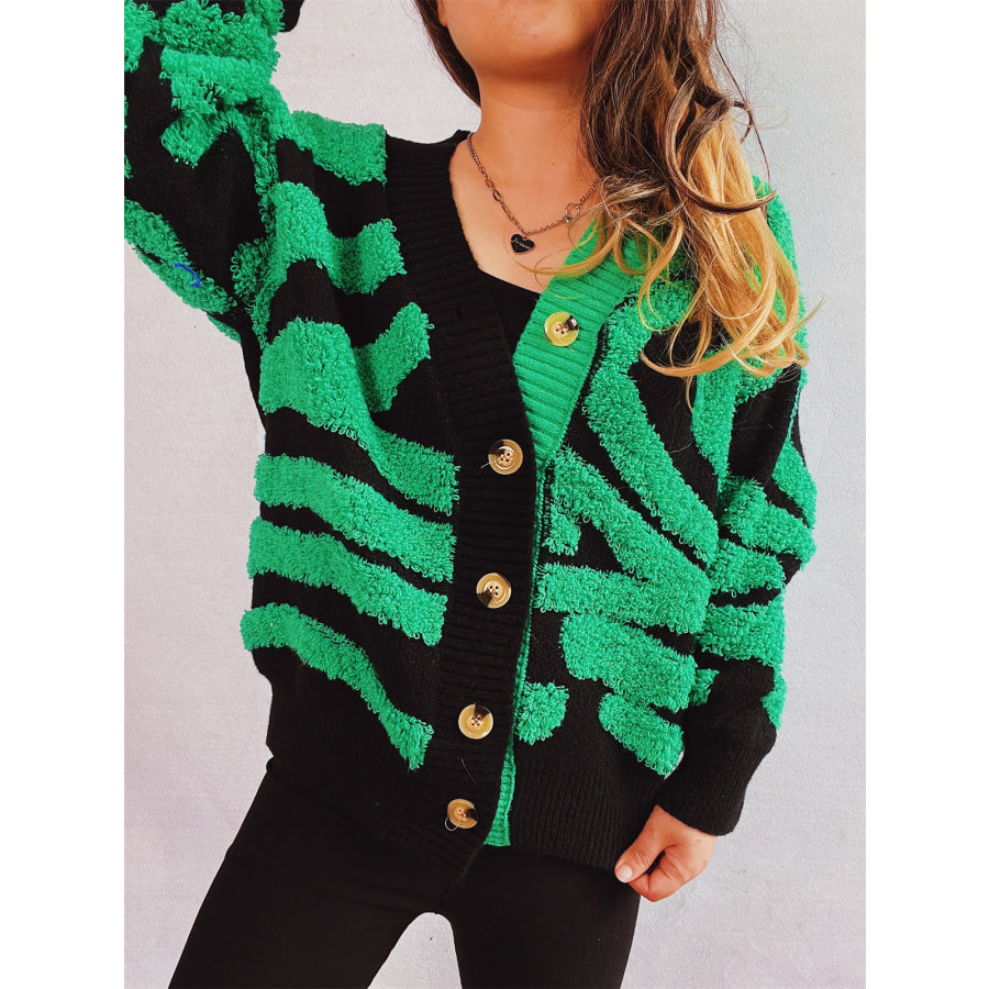 Contrast Button Up Long Sleeve Cardigan Green / One Size Apparel and Accessories