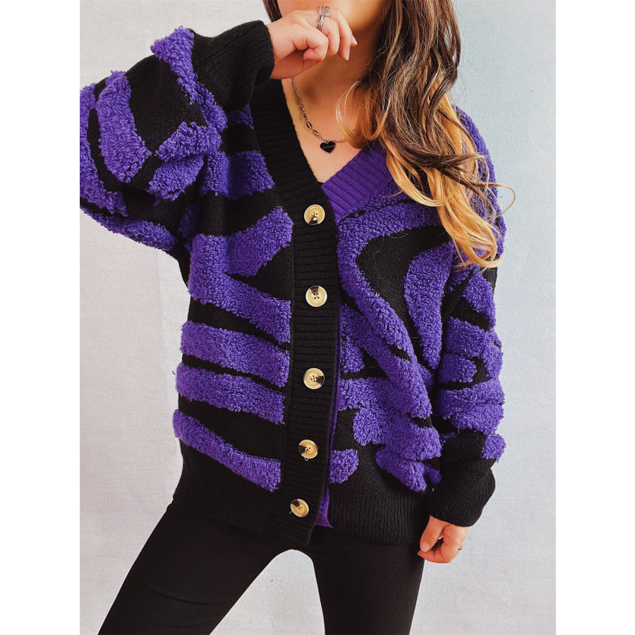 Contrast Button Up Long Sleeve Cardigan Purple / One Size Apparel and Accessories