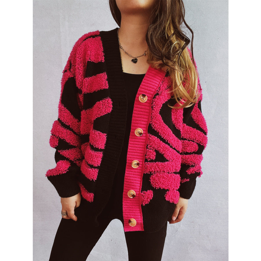 Contrast Button Up Long Sleeve Cardigan Strawberry / One Size Apparel and Accessories