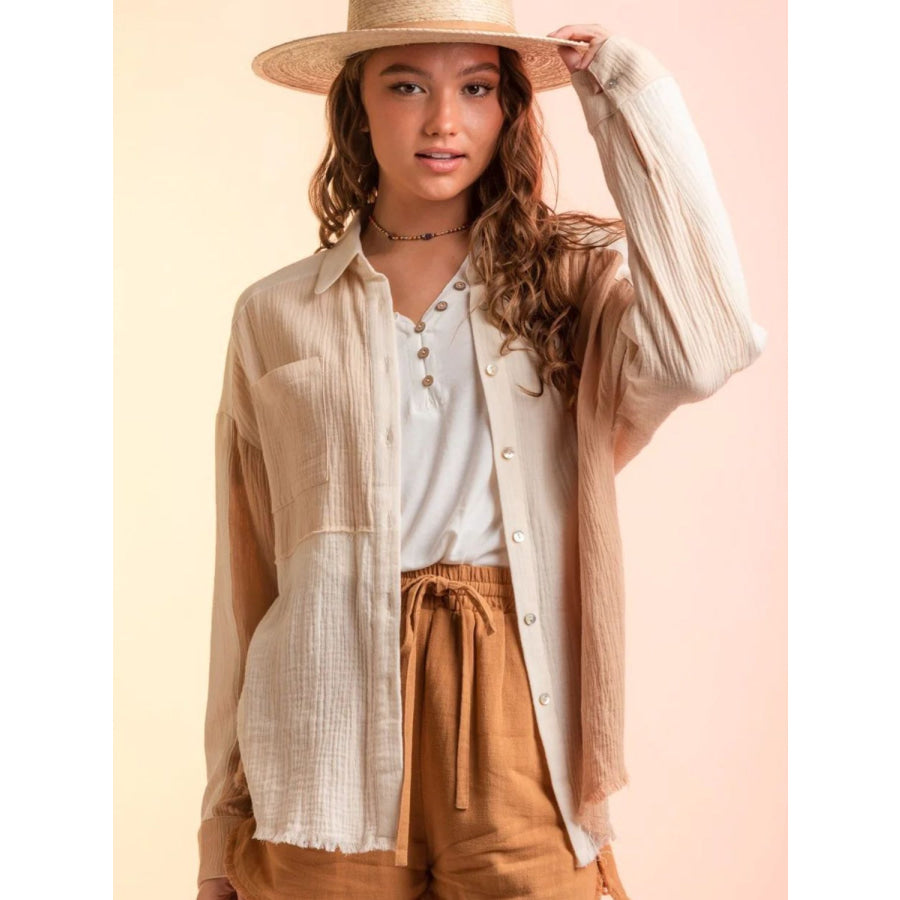 Contrast Button Up Long Sleeve Shirt Apricot / S Apparel and Accessories