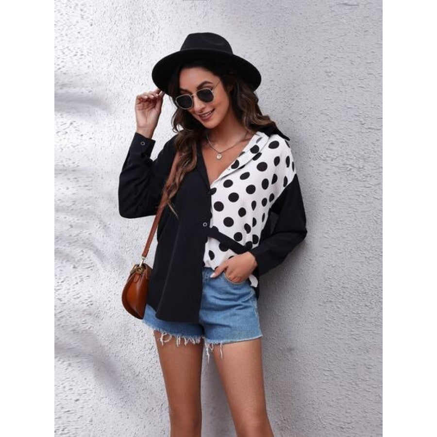 Contrast Button Up Long Sleeve Shirt Dot / S Clothing