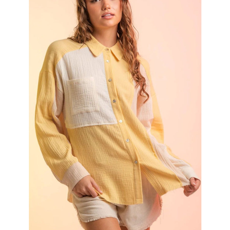 Contrast Button Up Long Sleeve Shirt Pastel Yellow / S Apparel and Accessories